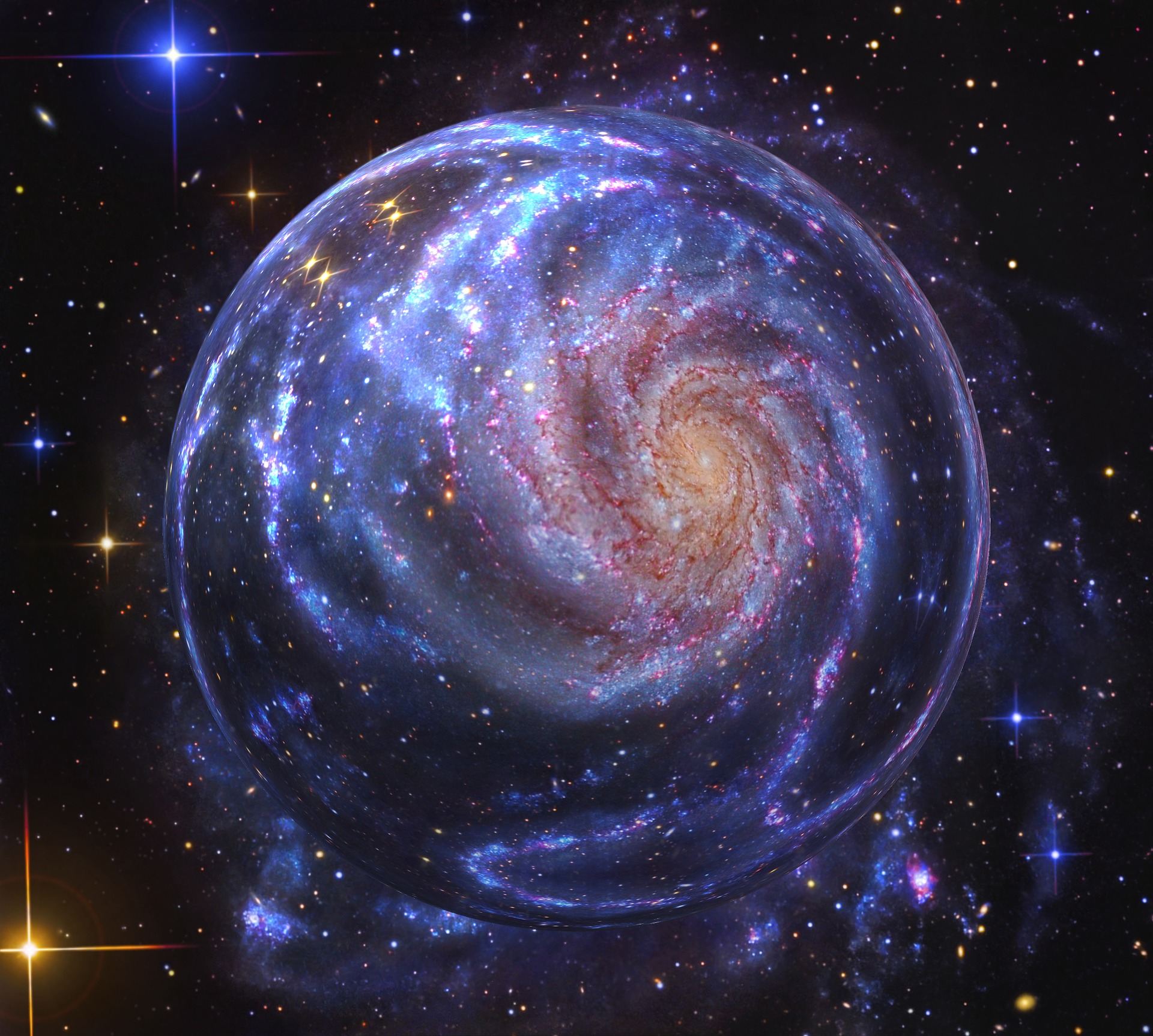 A galaxy with circles and spirals.